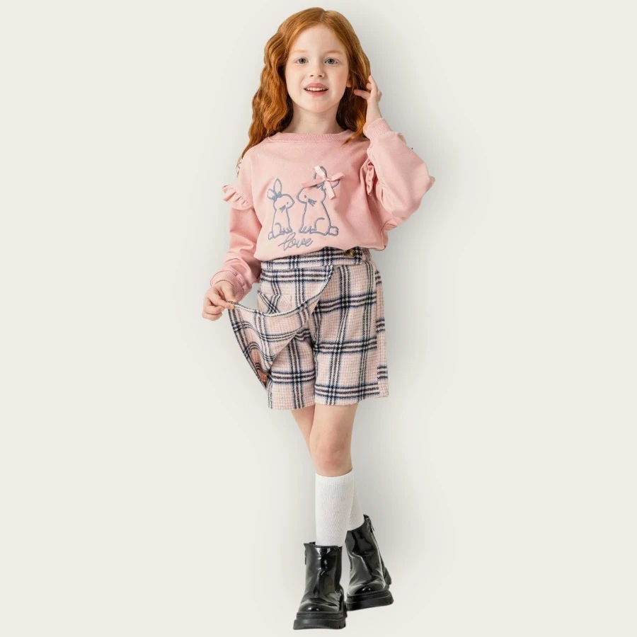 Ecol 1698 Tavşan Nakışlı Şort Etekli Takım