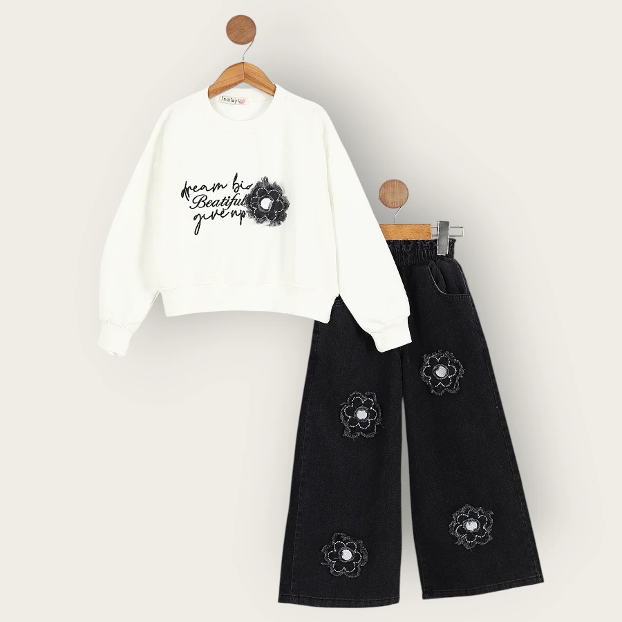 İncilay 2642 Çiçek Desenli Kot Pantolonlu 2li Takım