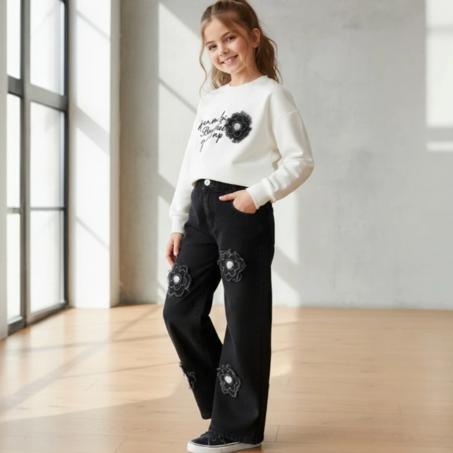 İncilay 2642 Çiçek Desenli Kot Pantolonlu 2li Takım