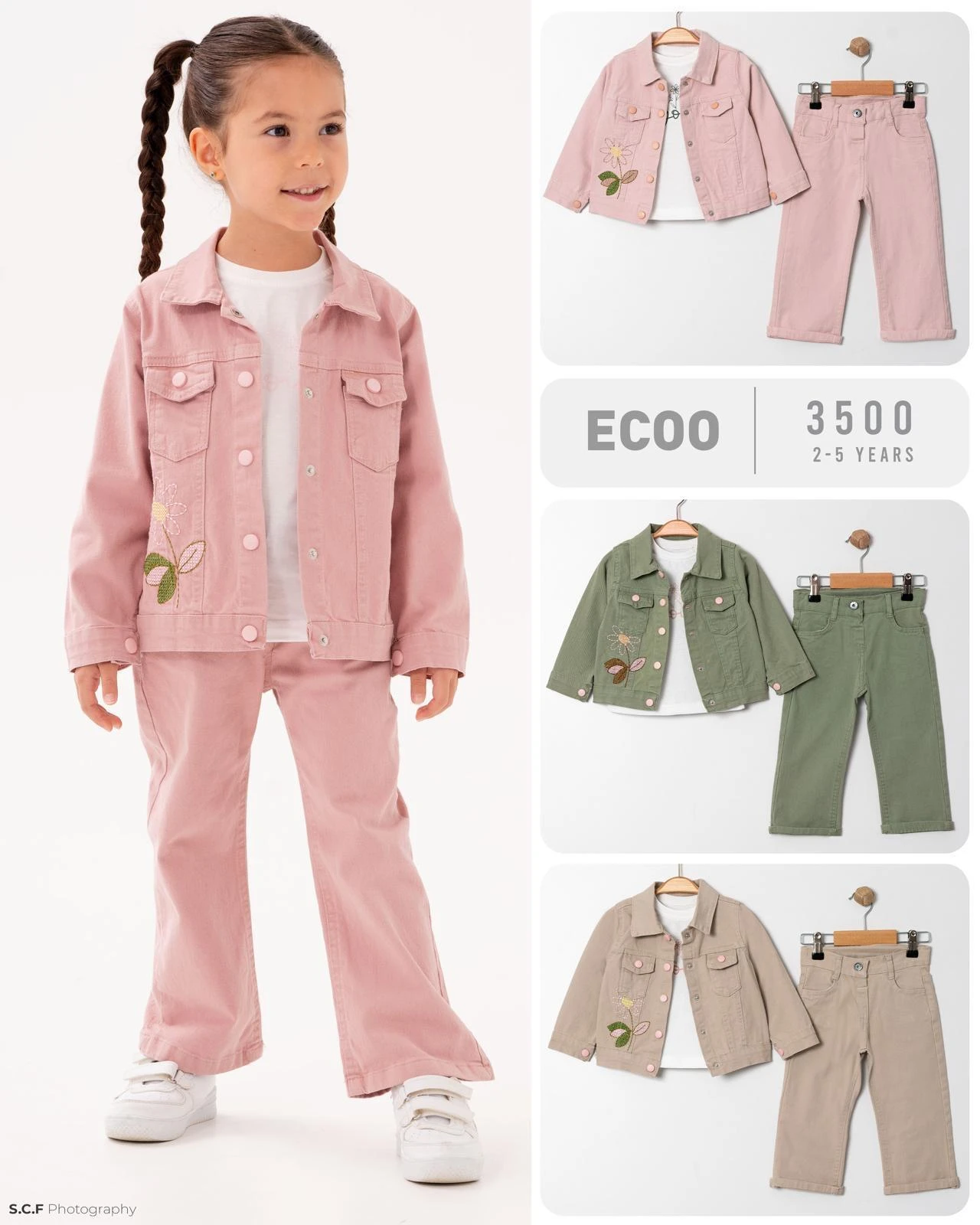 Ecoo Kids 7382 3lü Çiçek İşlemeli Kot Takım