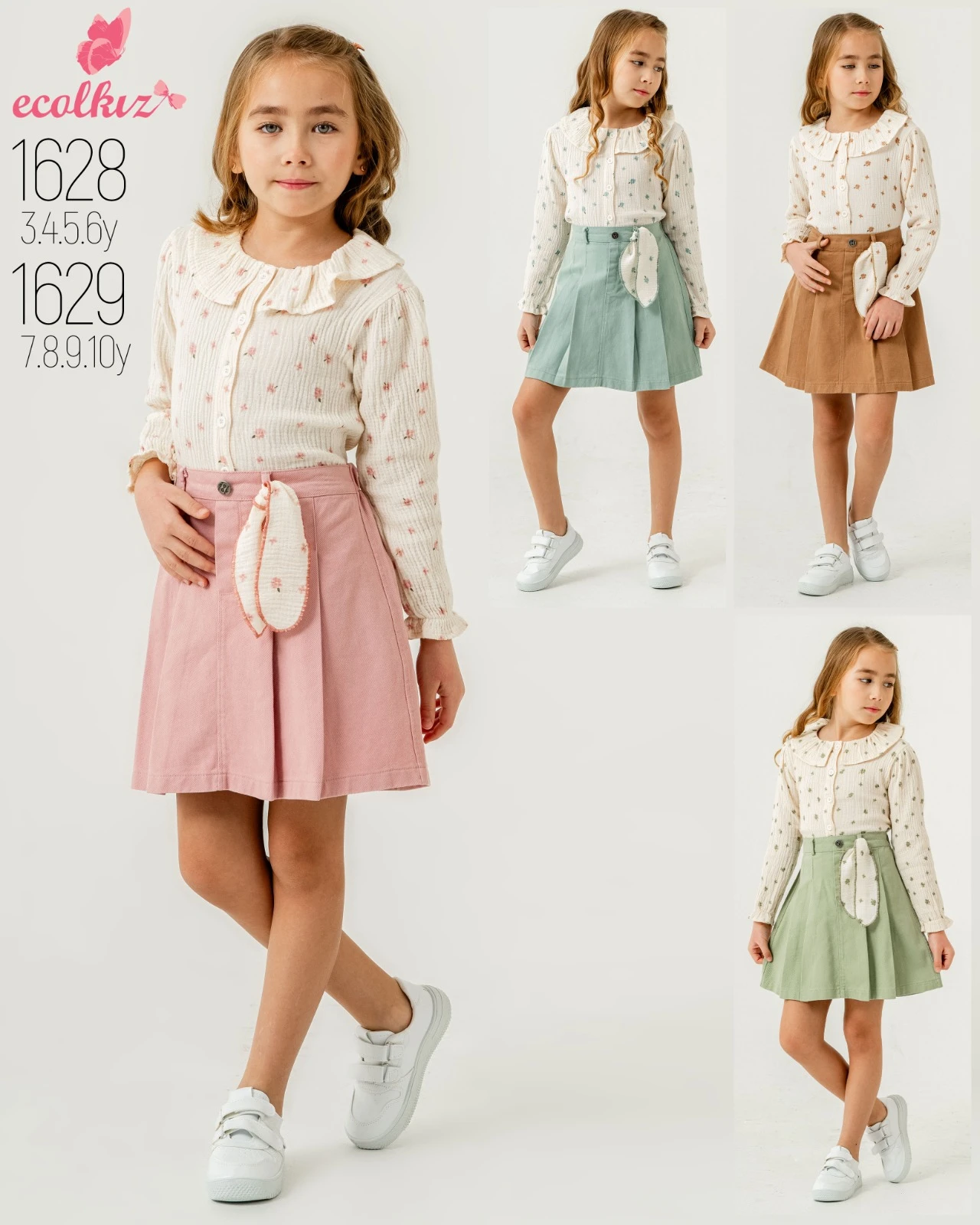 Ecol 1628 Çiçek Desenli Müslin Gömlekli Etekli Takım